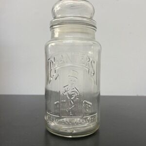 Vintage PLANTERS 75th Anniversary MR. PEANUT Raised Relief Glass Jar w/ Lid 1981